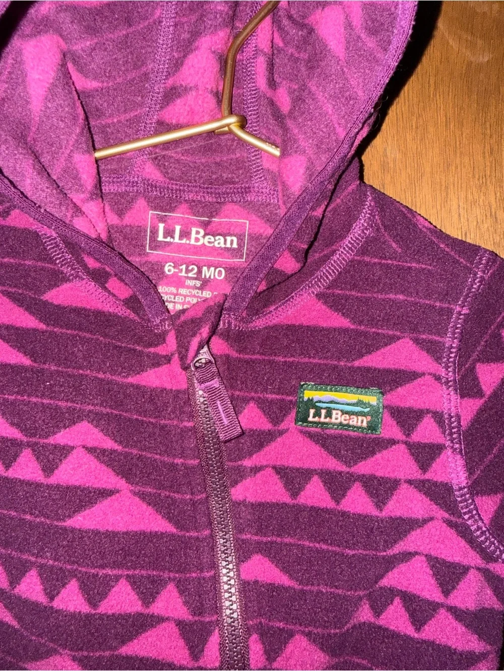 L.L. Bean Purple Geometric Fleece Hooded Footed One-Piece